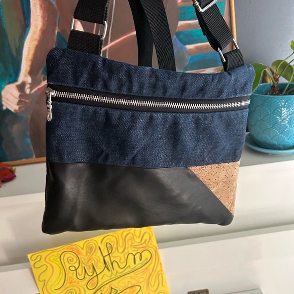 Stylish Denim and Black Crossbody Bag Vegan 9.5"x11" - Picture 12 of 16